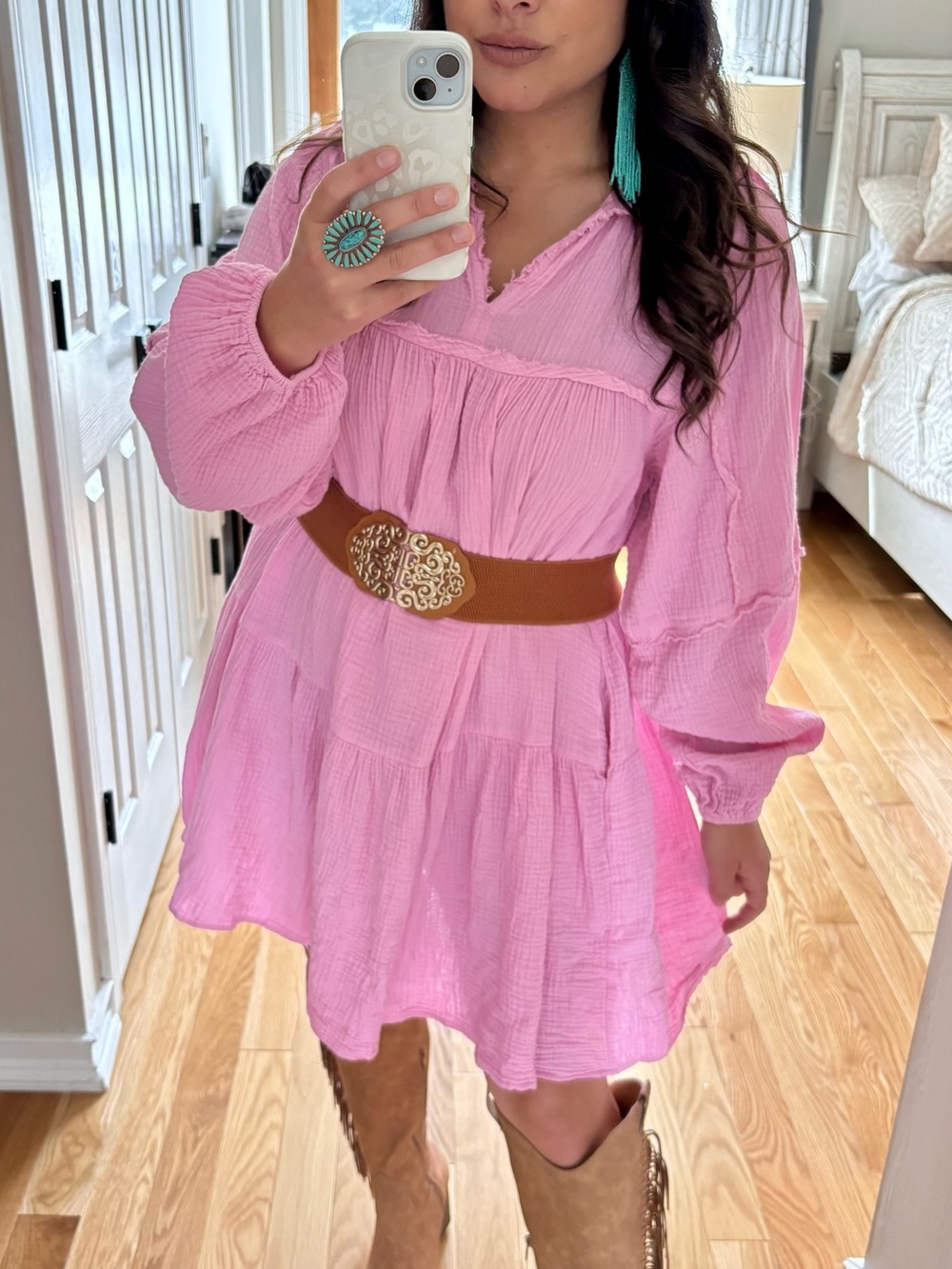 Boutique gauze balloon sleeve dress with pockets
